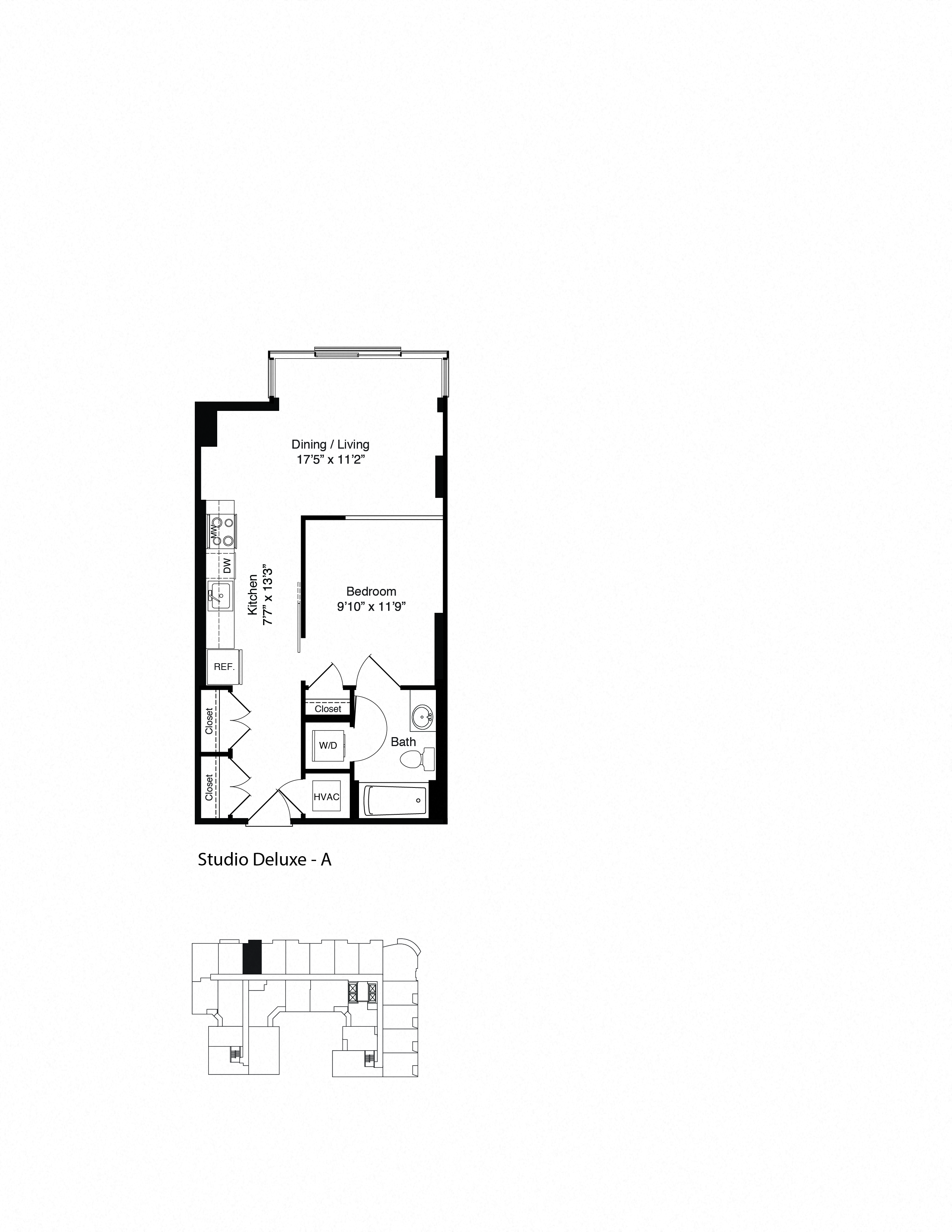 Floor plan for studio, 1 bath, 589 sqft